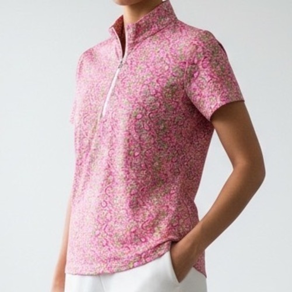 LRD Performance‎ Womens Pink Floral UPF 30 Quarter Zip Golf Polo Shirt Large NEW